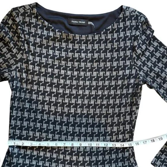 Ivanka Trump Dress Drop Waist Flare Black Grey/white Houndstooth Long Sleeve - Picture 5 of 9